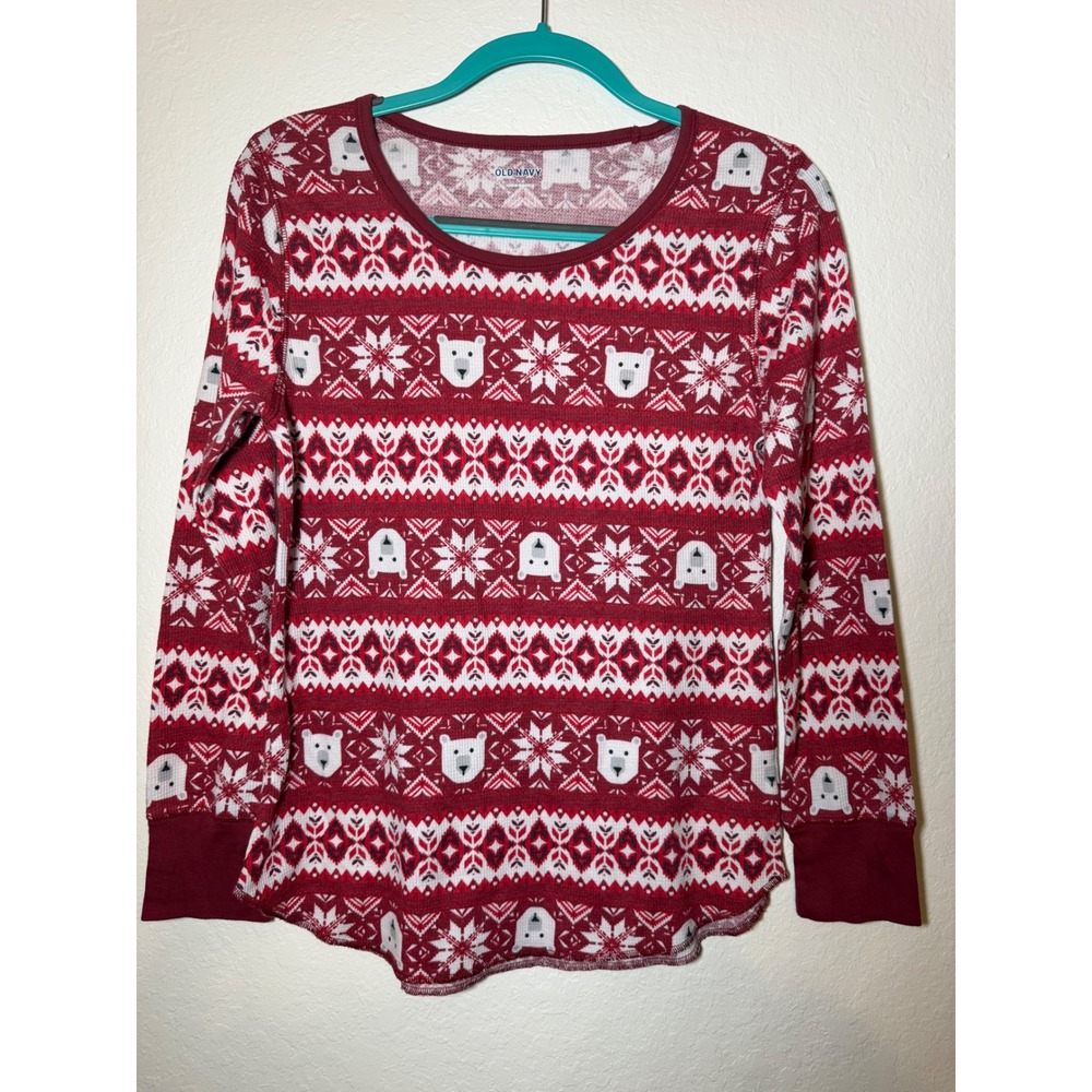Old Navy Womens Red Fair Isle Polar Bear Waffle Knit Thermal Top Large Holiday
